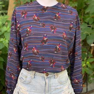 Vintage 80's Striped Sloane Ranger Blouse with Jacquard Print and Back Buttons